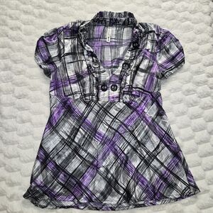 Vtg Y2K Heart Soul Top Sz M Purple Plaid Buttons V-Neck RufflesBabydoll Coquette